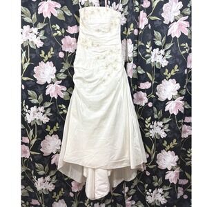 Anjolique Ivory Satin Ruched Strapless Wedding Dress Lace Beaded Train Bridal S